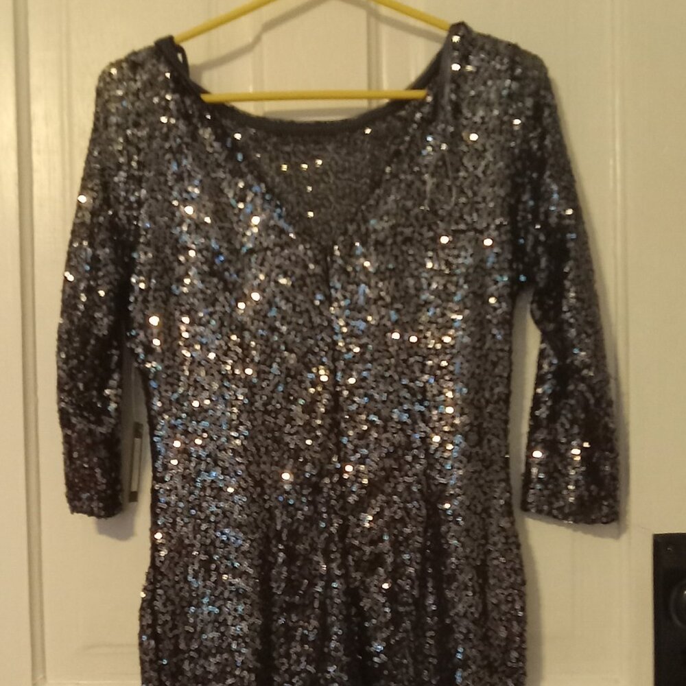 MARINA black sparkle dress, size 8, v shaped neckline.